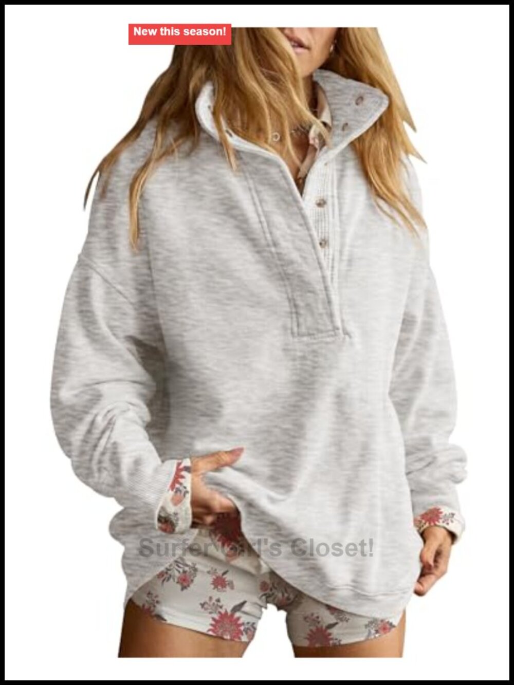 Oversized Henley Neck Sweatshirt Cotton Blend Pullover Top